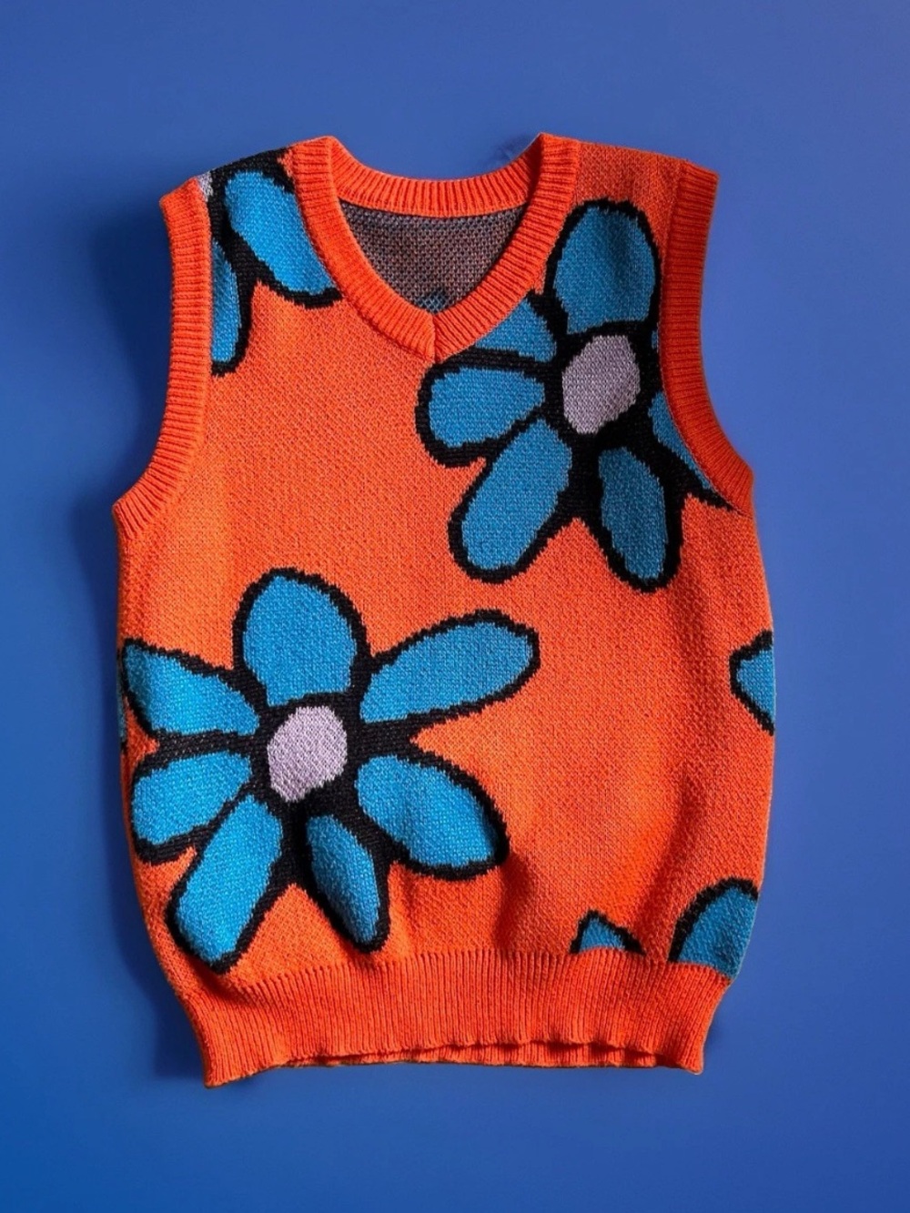Romwe Unisex Flower Power V-Neck Knit Graphic Pullover Vest US 36